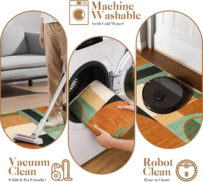 Area Rugs for Living Room, Boho Geometric Washable Rug for Bedroom Entryway Soft Low Pile Non-Slip Indoor Rugs for Dining Room Dorm Playroom, Green Multi, 5'x7'