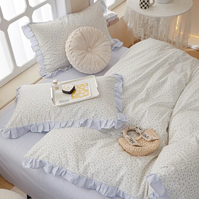 Garden Style Lace Duvet Cover Cute Blue Flower Print Ruffle Duvet Cover Twin Cotton Blue Striped Girls Floral Comforter Cover Lace Princess Bedding Set Vintage Floral Bedding Duvet Cover with Zipper