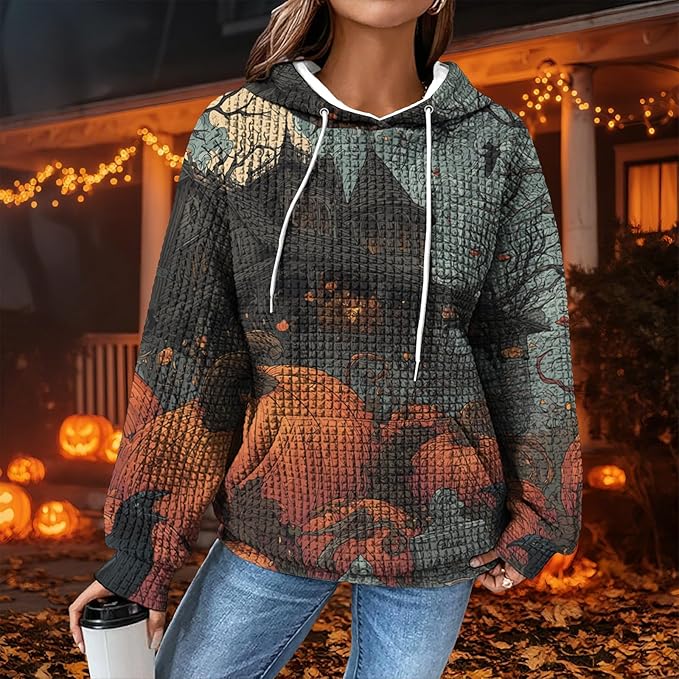Halloween Sweatshirts for Women Novelty Graphic Drawstring Waffle Hoodies Loose Casual Pullover Tops with Pocket