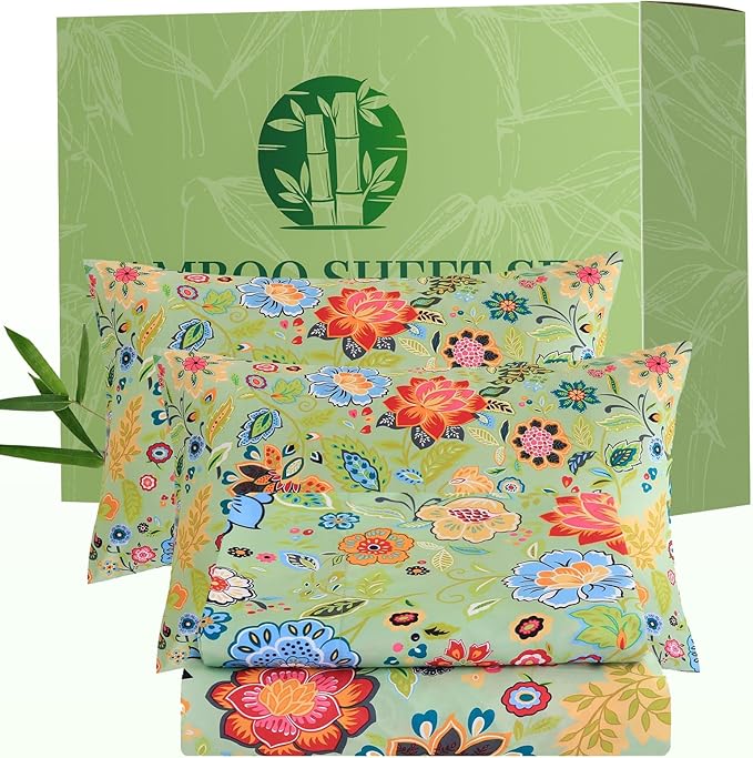 Bedlifes Extra Deep Pocket 18-24" Queen 4-Piece Sheet Set - Cooling Sheets Blend Rayon Derived from Bamboo Soft & Breathable Floral Sage Green