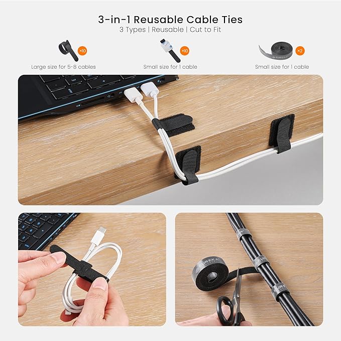 EUREKA ERGONOMIC 316 PCS Cable Management Organizer Kit Cable Raceways, 6 Cable Holder, 4 Cord Sleeve, 60 Wire Clips,2 Roll Self Adhesive Wire Ties, 100 Zip Ties for Office Home Under PC Desk, Black