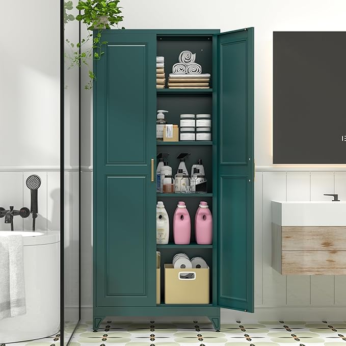Metal Storage Cabinet,75" Tall Kitchen Pantry Storage Cabinet with Doors and Adjustable Shelves, Green Metal Pantry Cabinets, Large Cupboard for Kitchen, Dining Living Room, Bathroom, Office