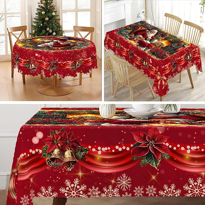 Eikione Retangular Tablecloth 140x180inch, Christmas Tablecloth Waterproof and Wrinkle-Free, Table Covers, Winter Decorations for Home Dining Red Floral