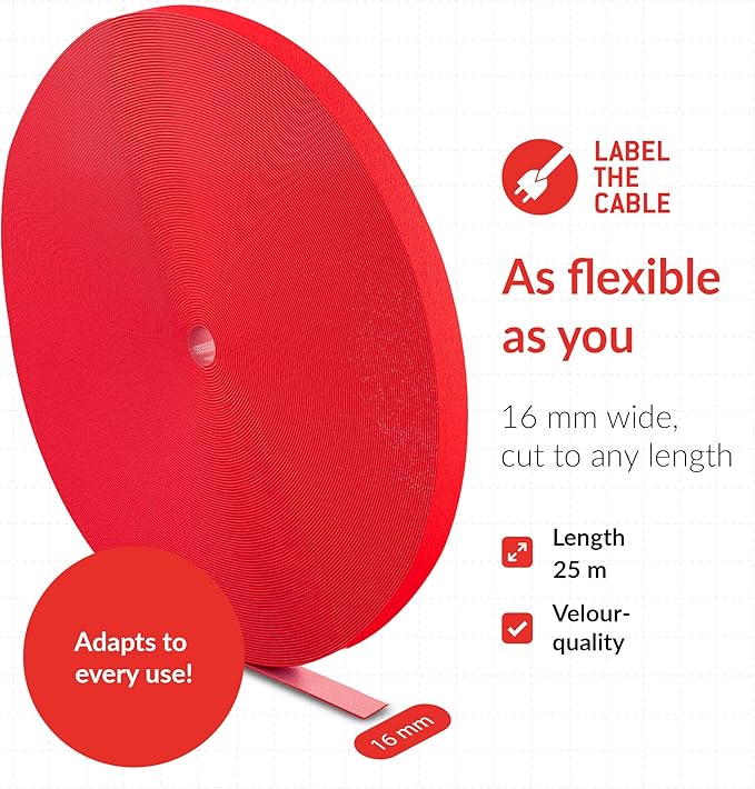 Label-the-cable Cable Management Ties Tape, Adjustable, Re-Useable/Cable Tidy/Hook and Loop Cord Organizer, Wire Management/PRO ROLL, 25m x 16mm, Red, PRO 1250