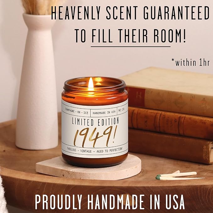 76th Birthday Gifts for Women - 'Limited Edition 1949' Soy Candle, w/Champagne on Ice I 76 Birthday Gifts for Women I 76th Birthday Gift for Her Ideas I 9oz Reusable Jar, 50Hr Burn, Made in USA