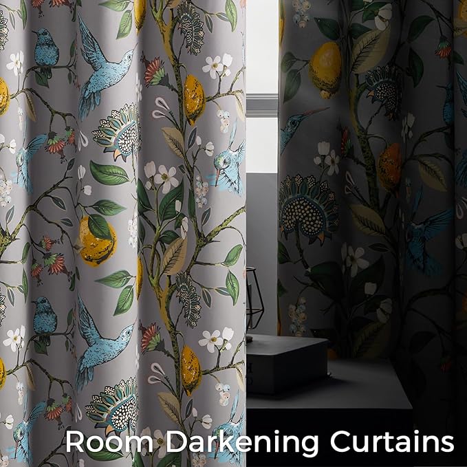 Vintage Floral Pinch Pleated Blackout Curtains 84 Inches Long 2 Panels for Bedroom Living Room Grey White Flower Patterned Room Darkening,Lemon Design Hummingbird Colorful Window Treatments Drapes