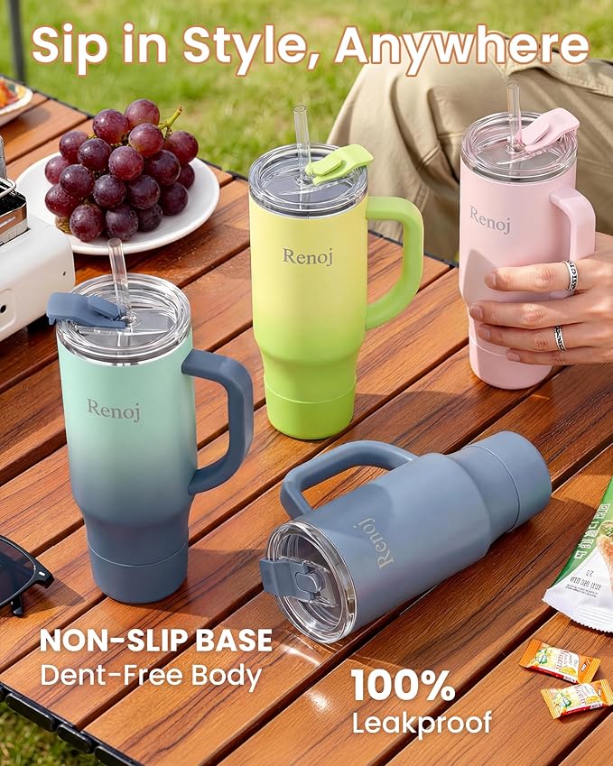 Renoj Tumbler with Handle 100% Leak Proof Insulated Water Bottle for Iced Coffee & Hot Drinks - Fits Car Cup Holder, Ideal Gift, 2 Straws & Silicone Boot BPA-Free - SnapShift Green Gradient 40 oz