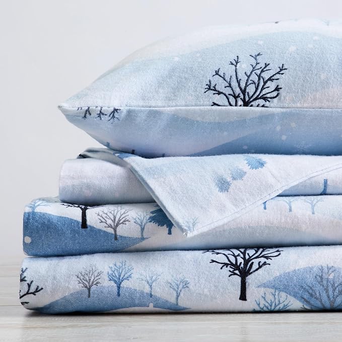 Market & Place 100% Cotton Twin Flannel Sheet Set | 3 Piece Deep Pocket Novelty Cozy Winter Bed Sheets | Double Brushed for Extra Softness & Comfort | Alpine Collection (Twin, Winter Landscape)