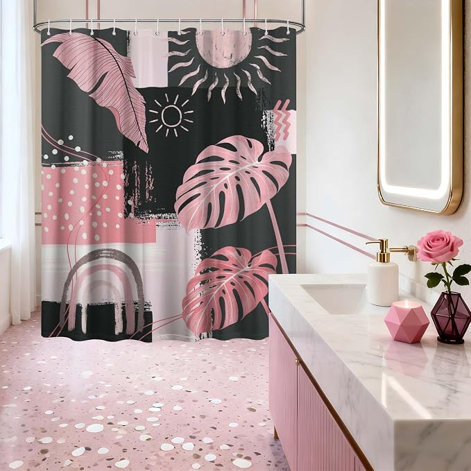 Pink and Gray Mid Century Modern Shower Curtain Bohemian Abstract Light Pink and Grey Shower Curtains for Bathroom Decor Sets, Waterproof Cloth Fabric with Hooks, 60x72 Inch