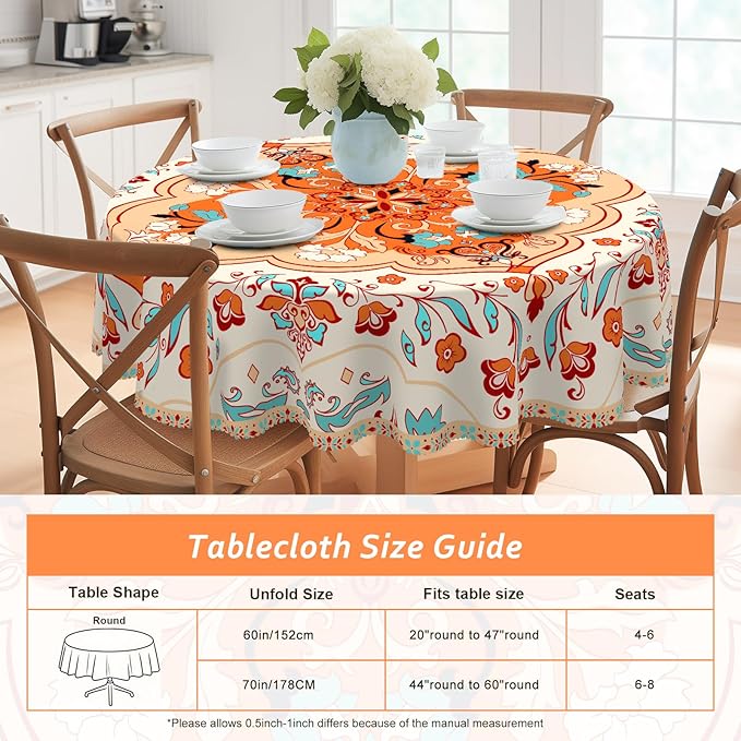 Eikione Bohemia Round Tablecloth 70inch,Table Cloth Waterproof and Wrinkle-Free, Boho Table Covers, Summer Decorations for Home