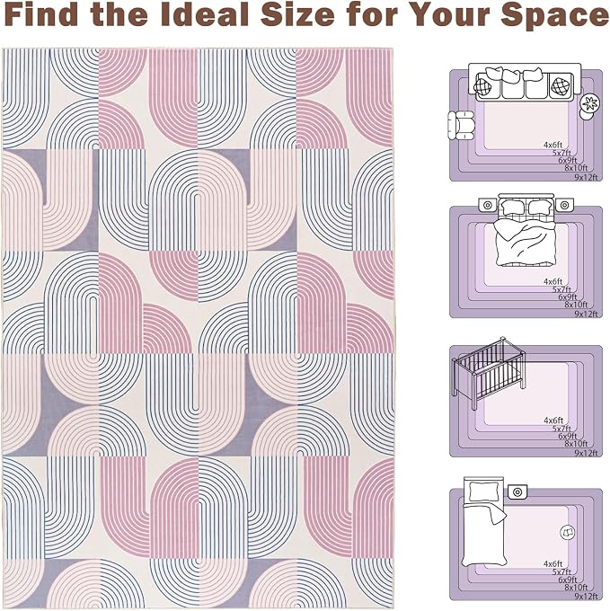 Large 8x10 Area Rugs Living Room-Soft Modern Geometric Pink Rug for Bedroom, Washable Non-Slip Indoor Floor Boho Abstract Carpet for Dining Room Nursery Home,Pink/Purple