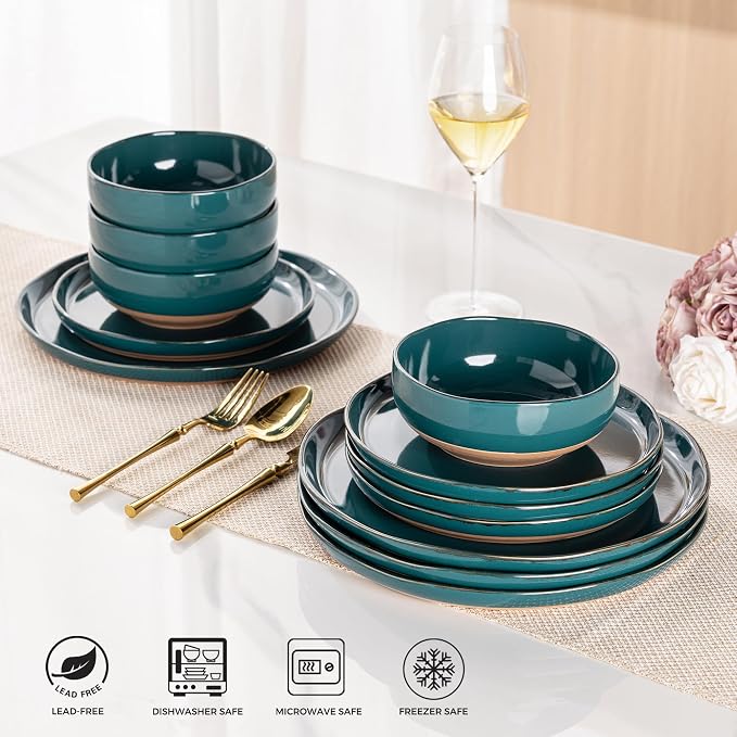 AmorArc Ceramic Dinnerware Sets for 4, 12 Pieces Handpainted Plates and Bowls Set with Rustic Terracotta Underside, Scratch Resistant Stoneware Dishes Set, Dishwasher & Microwave Safe