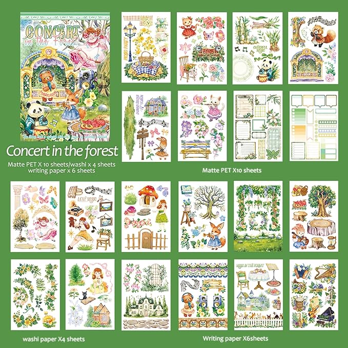 Snycler Sticker Book - 20 Sheets Vintage PET Stickers for Scrapbooking, Junk Journaling, Ephemera, and Decorative Crafts-Concert in The Forest