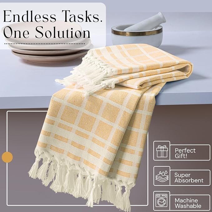 Matrix Dobby Kitchen Towels 4 Pack 100% Cotton, 16x26 Inches, Decorative Tea Towels with Handmade Tassels, Absorbent Washable Wash Cloths for Kitchen Drying - Mustard Yellow, Natural