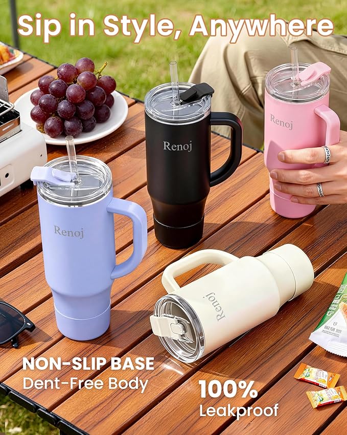 Renoj Tumbler with Handle 100% Leak Proof Insulated Water Bottle for Iced Coffee & Hot Drinks - Fits Car Cup Holder, Ideal Gift, 2 Straws & Silicone Boot BPA-Free - SnapShift Pink 32 oz