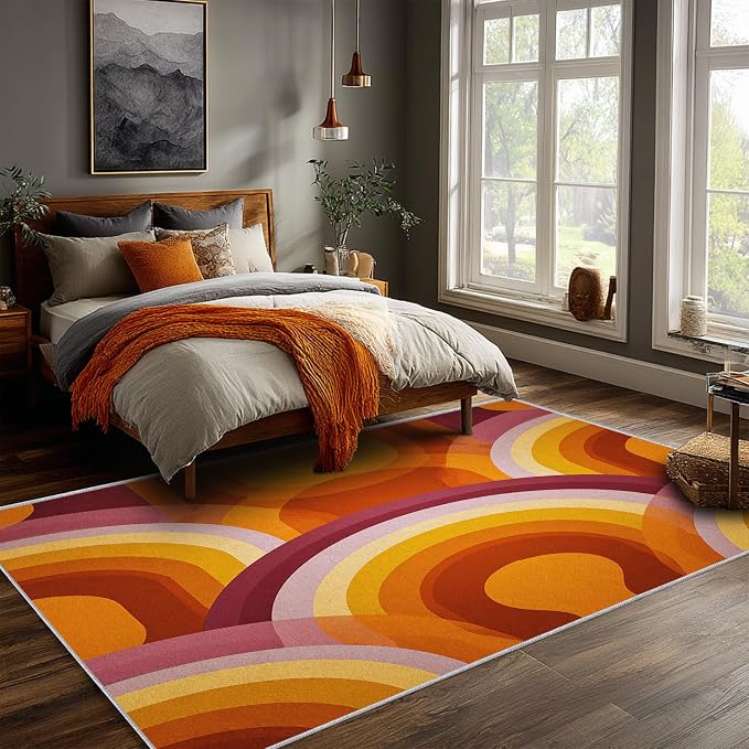 Retro Halo Area Rug 5x6, Mid Century Rainbow Arch Rug, Retro Abstract Carpet for Living Room Bedroom, Soft Non Slip Washable Rug