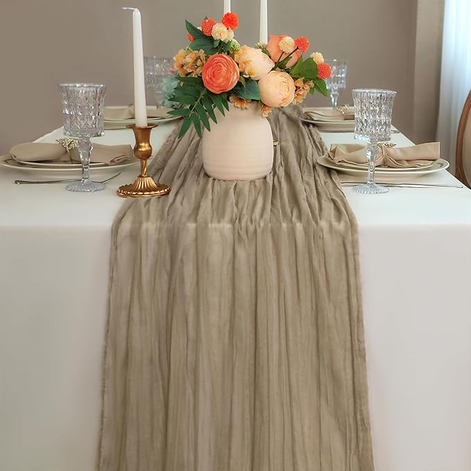 Snowkingdom 6PCS 10 FT Light Brown Cheesecloth Table Runner, 120 inch Long Tan Fall Thanksgiving Boho Rustic Gauze Sheer Runner for Wedding Baby Shower Birthday Holiday Party Table Decorations