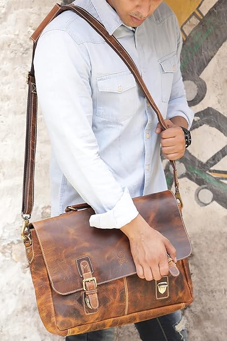 RUSTIC TOWN 16" Leather Laptop Messenger Bag for Men - Full Grain Leather Briefcase Computer Satchel Office Crossbody Bag