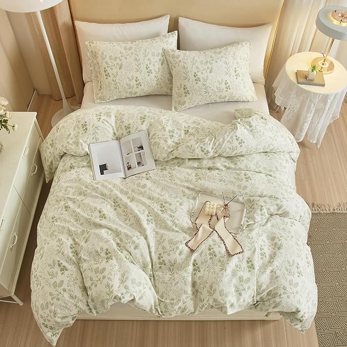 LifeTB Green Floral Duvet Cover Twin XL 3 Pieces Vintage Flower Duvet Cover 100% Cotton Coquette Bedding Comforter Cover Aesthetic Twin XL Bedding Set Botanical Comforter Cover with Zipper Closure