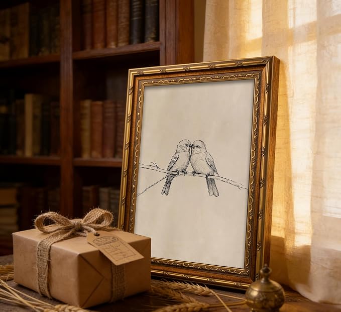 Vintage Gold Framed Bird Canvas Wall Art Two Birds Sketch Wall Decor Vintage Farmhouse Sketch Animals Artwork Retro Birds Painting Retro Rustic Print for Farmhouse Bedroom Living Room 9X11in