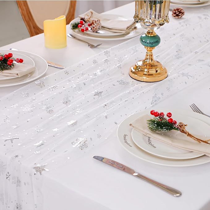 Snowkingdom Silver White Snowflake Table Runner 10 FT Christmas Sheer Chiffon Gauze Cheesecloth Runner, 120 Inch Winter Sparkly Sequin Party Dining Table Decorations for Christmas Holiday New Year