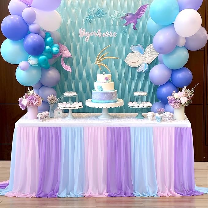 Mermaid Tulle Table Skirt Blue Pink Purple Striped Table Skirts for Rectangle Tables Frozen Baby Shower Mermaid Birthday Parties Decoration 6ft