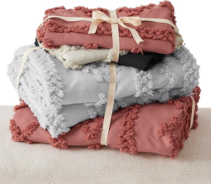 Bedsure Boho Duvet Cover Queen Size, Soft & Comfortable Elegant Design Boho Bedding for Decoration, Machine Washable Comforter Cover for All Seasons,Includes 1 Duvet Cover & 2 Pillow Shams,Pink