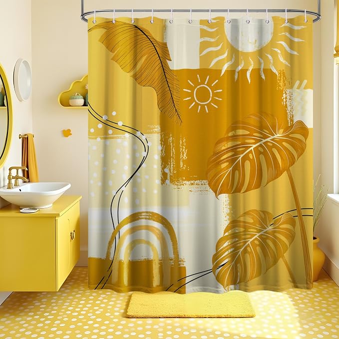 Small Stall Shower Curtain Rv Mustard Yellow Boho, 48 x 72 Inchs | for Camper Stand Up Shower, Modern Pattern Design, Narrow Bathroom Decor Sets Waterproof Cloth Fabric, with Hooks