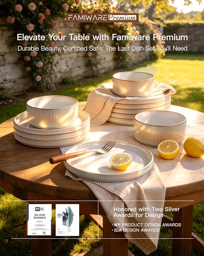 24-Piece Dinnerware Set for 8, Famiware Premium Stoneware Dish Set with Ribbed Plates and Deep Bowls, Double Reactive Glaze, Chip & Scratch Resistant, Microwave & Dishwasher Safe, Cappuccino White