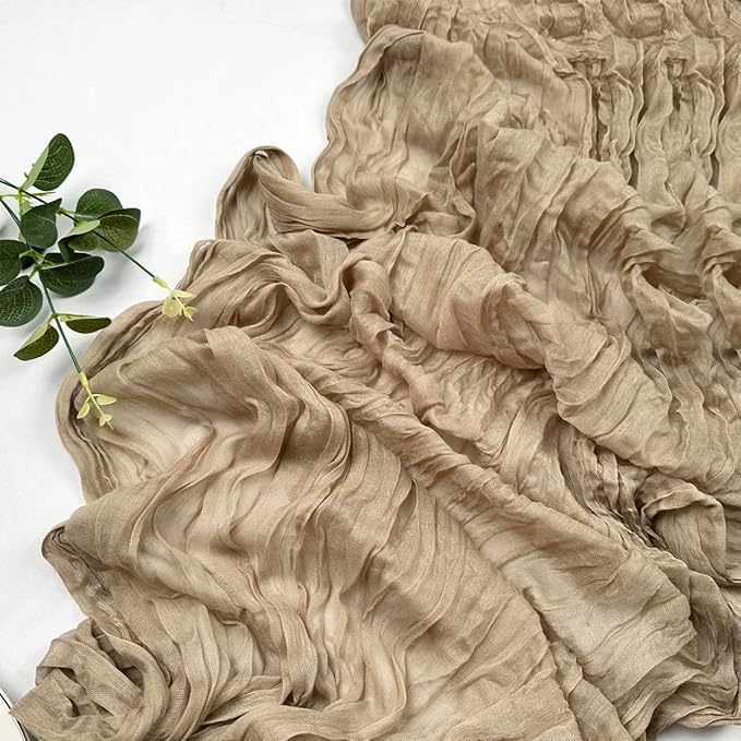 Booque Valley Nude Cheesecloth Table Runner 120 Inch 10ft Super Soft Boho Wrinkled Gauze Sheer Cloth for Baby Shower Birthday Bridal Shower Wedding Centerpiece Table Decoration, 3 Pack , Tan