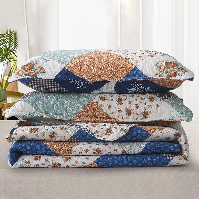 Dinjoy Reversible Patchwork Quilt Bedding Set Queen Size Blue Green Grey Plaid Floral Pattern Bedspread Set Soft Microfiber Coverlets Bed Set 3 Pieces Fall Autumn All Season Use