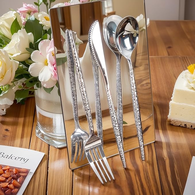 Rubtlamp 90Pcs Christmas Silver Plastic Silverware, Hammered Christmas Disposable Silverware,Silver Plastic Forks And Spoons, Fancy Plastic Cultery Include 30 Forks, 30 Knives And 30 Spoons for Party