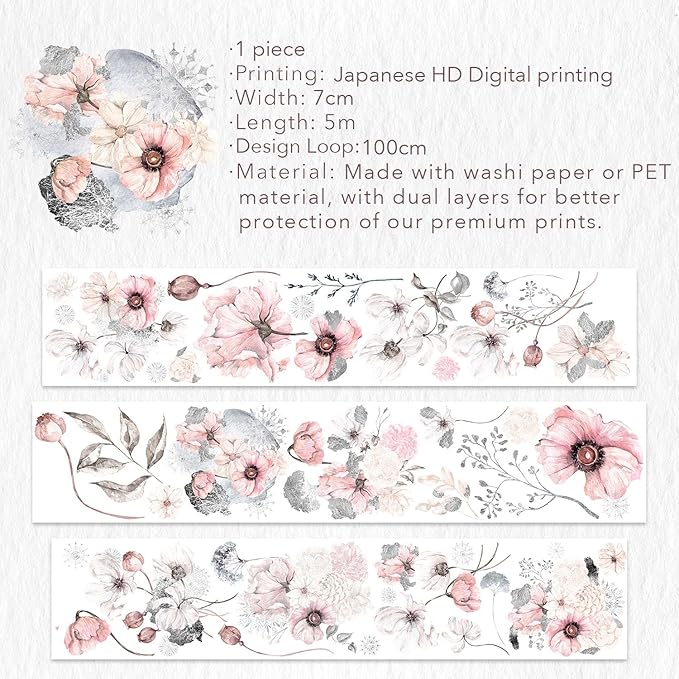 WT Frostbloom Wide PET Tape, Single Roll, Original Floral Designs, Winter Flowers, Clear Transparent Adhesive Tape for Junk Journals, Scrapbooks, Bujo, Planners, DIY Crafts, Art Stationery