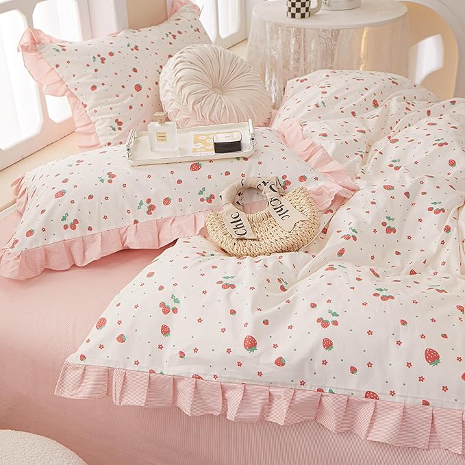 LifeTB Kawaii Pink Strawberry Comforter Set King Girls Cute Strawberry Bedding Comforter Fluffy Soft Microfiber Bedding Set 1 Ruffled Comforter with 2 Pillowcases Pink Floral Comforter Set