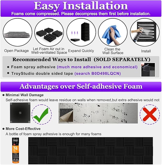 TroyStudio Thick Acoustic Foam Panels, 12 X 12 X 3 Inch 12 Pcs Broadband Sound Absorbing Foam, Dense Soundproof Padding Tile, Recording Studio Foam Absorber, Groove Decorative 3D Wall Ceiling Panel