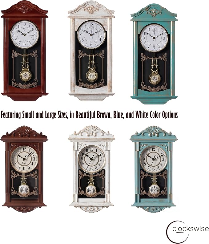 Clockswise 23.7" Vintage Grandfather Pendulum Clock - Antique Wood -Look Plastic Wall Clock for Living Room Decor, Silent Battery-Operated, Brown, Pendulum Clocks for Kitchen, Office, Dining Room