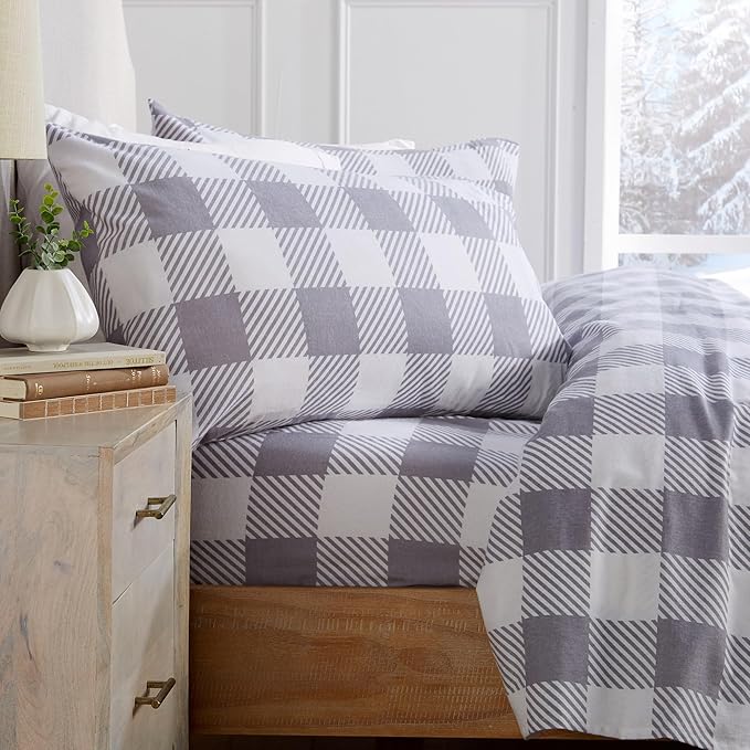 Market & Place 100% Turkish Cotton Flannel Sheet Set | 4 Piece Deep Pocket Novelty Cozy Winter Bed Sheets | Double Brushed for Extra Softness & Comfort | King, Buffalo Check Grey