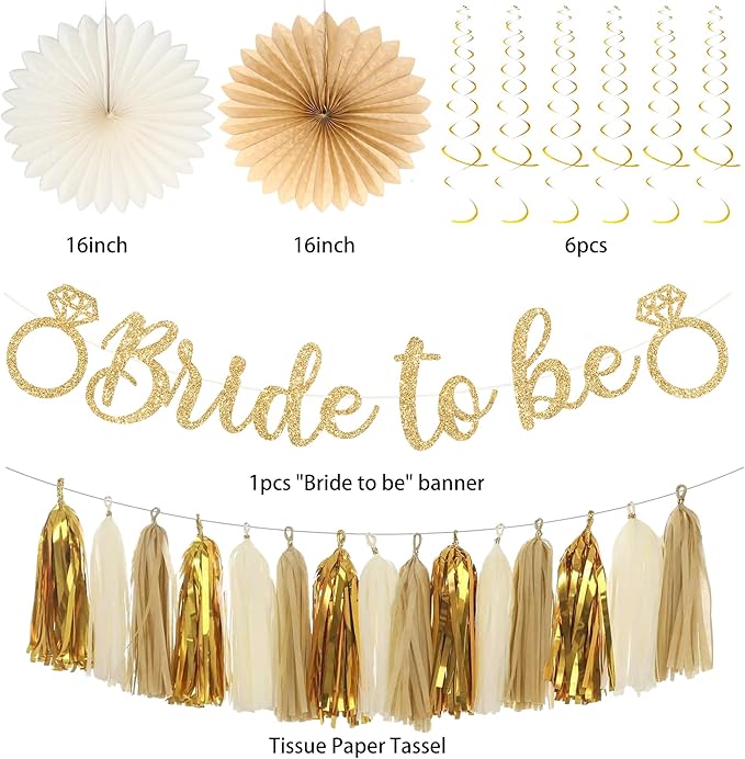 Roetyce Bachelorette Party Decorations, Gold Glitter Bride to Be Banner Paper Fans Pompoms Kit, Women Bridal Shower Party Supplies, Wedding Paper Lanterns Streamers Garland Photo Backdrop Background