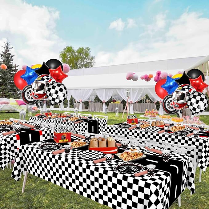 WNINK 2 Pack Race Car Table Cloth and Black White Gingham Tablecloths Disposable Plastic Buffalo Check Tablecloth Checkered Flag Covers for Birthday, Outdoor Picnic, Birthday, Camping 54 × 108 Inch