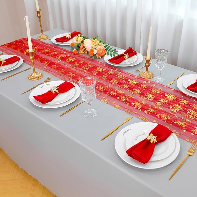 Snowkingdom Red Gold Snowflake Christmas Table Runner 120 Inches Long 10FT Sheer Tulle, Golden Snowflakes Xmas Seasonal Winter Kitchen Dining Holiday Wedding Table Decor for Home Party
