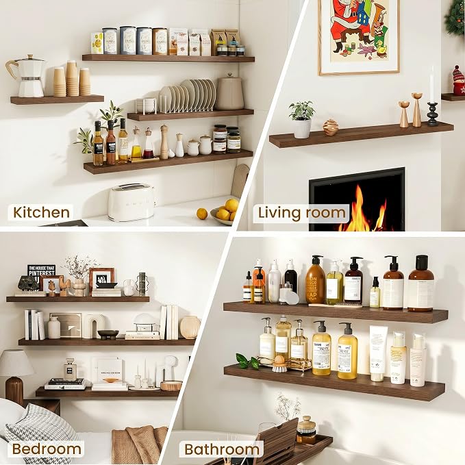 Dreamland Floating Shelves, 20Inch Rustic Wooden Walnut Wall Shelves for Bathroom|Bedroom|Kitchen, Deep Wall Mounted Book Shelf, Wood Storage Display Shelf for Home Decor, Set of 2