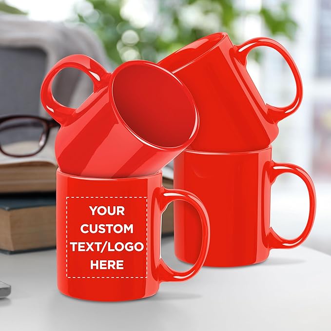 Custom Ceramic Coffee Mugs 11 oz. Set of 10, Personalized Bulk Pack - Coffee cup set, Iced coffee cup, Gaming mug - Red