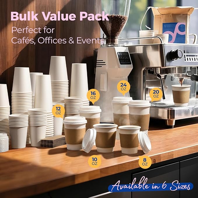 Fit Meal Prep 100 Pack 8 oz Disposable Coffee Cups with Lids, Sleeves, Leak-Proof To Go Coffee Cups with Lids, Durable Hot Paper Cups for Hot Cocoa and Coffee Bar Supplies
