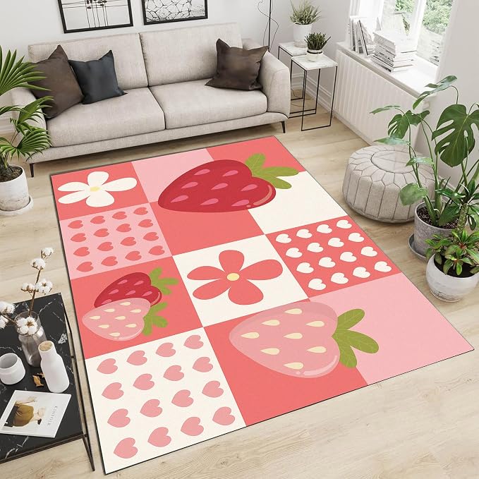 Strawberry Checkered Rug Cute Red Area Rug Love Flower Washable Carpet for Entryway Bedroom Living Room Kitchen Nursery Home Decor Soft Non Slip Floor Mat,2'x3'