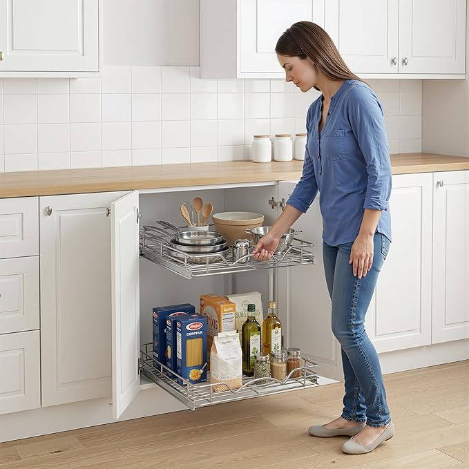 2-Tier Pull-Out Cabinet Organizer with Heavy-Duty Steel Frame, Full-Extension Sliding Shelves, Holds 100 lbs, Easy Install for Kitchen, Pantry & Under Sink Cabinets, 28" W x 21”D x 16.5" H