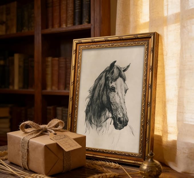 Vintage Gold Framed Horse Sketch Canvas Wall Art Retro Horse Wall Decor Vintage Farmhouse Animals Sketch Print Artwork Retro Rustic painting Picture for Farmhouse Bedroom Living Room 12X16in