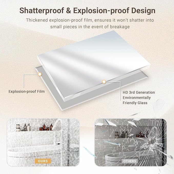 48 x 30 Beveled Bathroom Mirror, Shatterproof Rectangle Mirror, Metal Framed for Wall, Anti-Rust (Vertical/Horizontal)