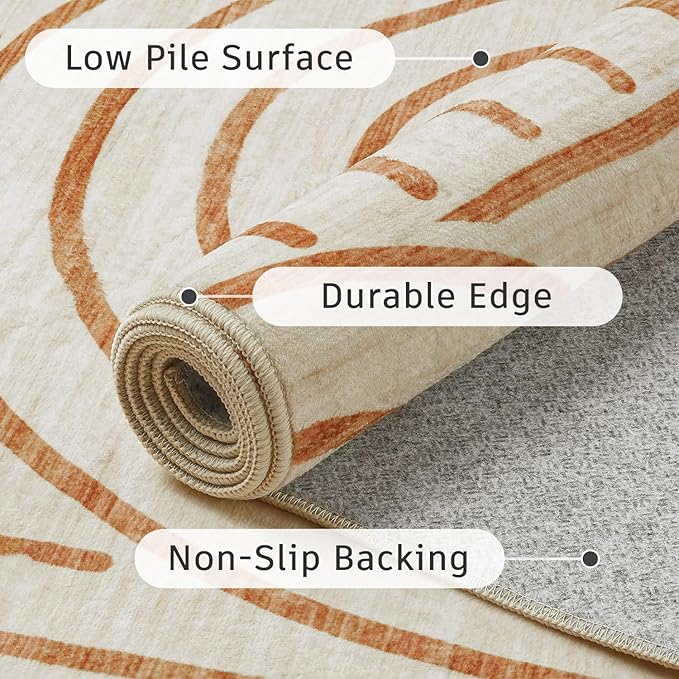 DCX Beige Machine Washable Area Rug 4x6, Midcentury Modern Non Slip Stain Resistant Rug 4x6 for Living Room, Bedroom, Dining Room, Soft Low Pile Large Carpet