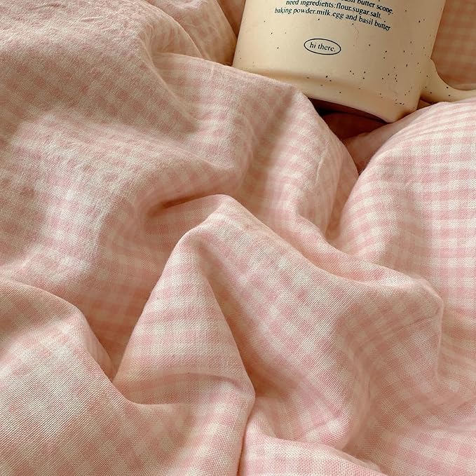 LifeTB Pink Gingham Duvet Cover Full Size 3 Pieces Romantic Lace Duvet Cover Pink Plaid Checkered Comforter Cover with 2 Pillowcases Soft Breathable Microfiber Grid Farmhouse Plaid Bedding Set