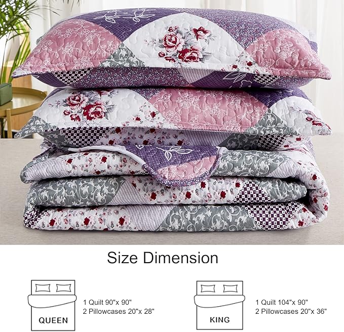 Dinjoy Purple Quilt Set Full Size, Reversible Floral Plaid Patchwork Pattern Bedding Set Soft Microfiber Lightweight Bedspread 3 Piece Spring Summer Fall Use (78x90 inches)